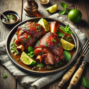 Sappige, langzaam gegaarde varkenshammetjes met een goudbruine, gekarameliseerde korst, geserveerd met verse munt en partjes limoen voor een frisse Mojito-smaak. De rijke braadjus wordt over het vlees gedruppeld voor extra smaak. Aan de zijkant ligt een portie aardappelen met kruidenboter. Op de rustieke houten tafel liggen een linnen servet, een vintage mes en vork, en een klein schaaltje met extra marinade. Zachte natuurlijke verlichting benadrukt de diepe smaken en malse texturen van het gerecht.