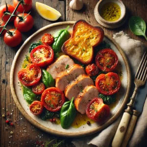 Een smaakvol gerecht met sappige plakjes geroosterd varkensvlees, gekarameliseerde tomaten en knapperige basilicumtoast met gesmolten cheddar. De basilicum en spinazie zorgen voor een frisse, groene touch, terwijl citroenpartjes aan de zijkant een vleugje frisheid toevoegen. Op de rustieke houten tafel liggen een linnen servet, een vintage vork en mes, en een klein schaaltje met extra olijfolie. Zachte natuurlijke verlichting benadrukt de rijke kleuren en hartige texturen van het gerecht.