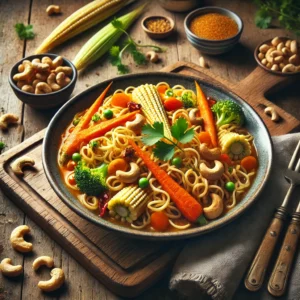 Een geurige vegetarische curry noedelmaaltijd met woknoedels, babymaïs, prei en wortel, overgoten met een kruidige lemongrass- en chili-currysaus. Geroosterde cashewnoten en verse koriander zorgen voor extra crunch en frisheid. Op de achtergrond een houten snijplank met extra babymaïs, koriander en een schaaltje cashewnoten. De warme, natuurlijke belichting benadrukt de rijke smaken en levendige kleuren van dit Aziatische gerecht.