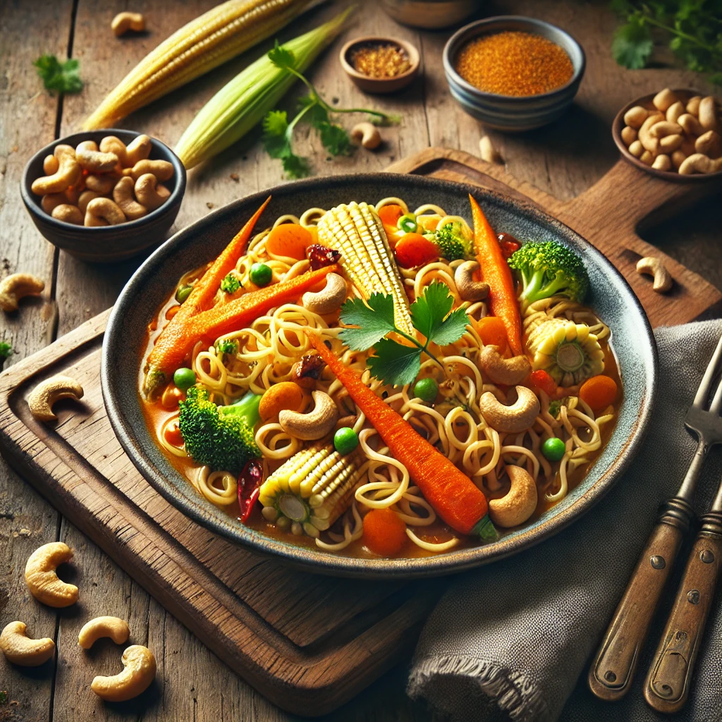 Een geurige vegetarische curry noedelmaaltijd met woknoedels, babymaïs, prei en wortel, overgoten met een kruidige lemongrass- en chili-currysaus. Geroosterde cashewnoten en verse koriander zorgen voor extra crunch en frisheid. Op de achtergrond een houten snijplank met extra babymaïs, koriander en een schaaltje cashewnoten. De warme, natuurlijke belichting benadrukt de rijke smaken en levendige kleuren van dit Aziatische gerecht.