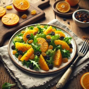 Een frisse veldsla salade met sappige sinaasappelpartjes en zoete, gewelde rozijnen, aangemaakt met een lichte dressing van citrus en olijfolie. De salade is subtiel gekruid met versgemalen zwarte peper en heeft een glanzende, frisse uitstraling. Naast het bord ligt een vintage vork en een linnen servet op een rustieke houten tafel. Op de achtergrond een houten snijplank met extra sinaasappelschijfjes, een schaaltje rozijnen en een kommetje dressing. De warme, natuurlijke belichting benadrukt de levendige kleuren en frisse texturen van dit lichte gerecht.