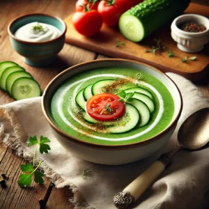 Een gekoelde komkommersoep met een lichte groene kleur, geserveerd met dunne plakjes komkommer, een swirl van tomatenpuree en een romige toef zure room. De soep is subtiel gekruid met oregano en zwarte peper. Naast de kom ligt een vintage lepel en een linnen servet op een rustieke houten tafel. Op de achtergrond een houten snijplank met extra komkommerplakjes, verse tomaten en een schaaltje zure room. De warme, natuurlijke belichting benadrukt de frisse en zomerse uitstraling van dit lichte voorgerecht.