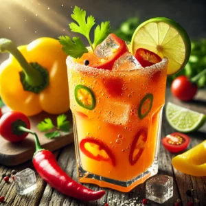 Zomers paprikasap met tomaat en chili, geserveerd ijskoud in een glas met limoen en koriander – een pittige sap met chili, gezonde koude groentedrank en gele groentesalsa boordevol vitamine C.