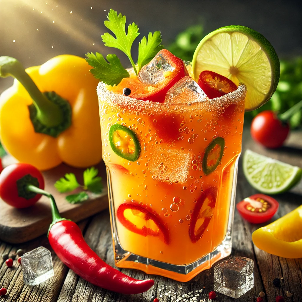 Zomers paprikasap met tomaat en chili, geserveerd ijskoud in een glas met limoen en koriander – een pittige sap met chili, gezonde koude groentedrank en gele groentesalsa boordevol vitamine C.