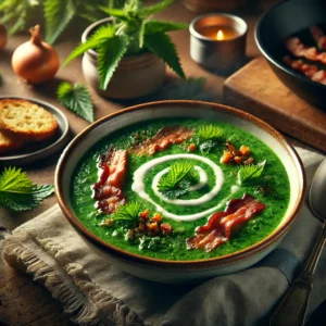 Heldergroene brandnetelsoep met uitgebakken spekjes, gebakken ui en een swirl van room, geserveerd in een rustieke kom op een houten tafel.