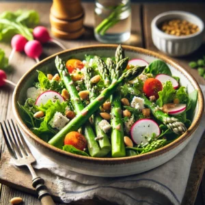 Frisse voorjaarssalade met groene asperges, cherrytomaten, radijs en feta, geserveerd met een lichte citrusvinaigrette op een rustieke houten tafel.