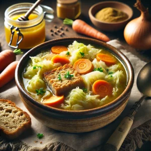 Traditionele vegetarische soep van brood, savooiekool, wortel en knolselderij in een dikke groentebouillon, geserveerd met mosterd in een rustieke kom op een houten tafel.