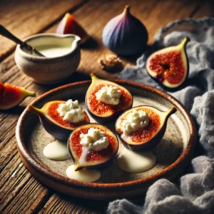 Een rustieke houten tafel met een bordje warme, rijpe vijgen gevuld met romige gorgonzola, op smaak gebracht met slagroom. Het gerecht is eenvoudig maar elegant, met een gezellige uitstraling en een subtiele mix van zoet en hartig.