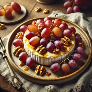 Een elegant gerecht met warm gesmolten brie, gegarneerd met gehalveerde druiven en knapperige walnoten, mooi gerangschikt op een rustiek keramisch bord. De kaas is licht goudbruin gegrild en de druiven zijn zacht en sappig. Een frisse eikenbladsalade met een lichte mosterddressing ligt ernaast. De setting bevat een houten tafel, een linnen servet en een vintage vork, met zachte natuurlijke verlichting die de rijke texturen en smaken benadrukt.