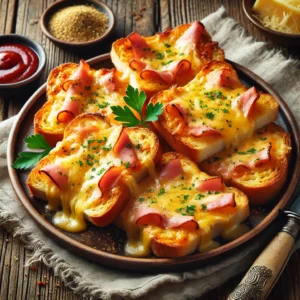 Knapperige Weense ham-kaas toastjes, gegratineerd tot een goudbruine korst met gesmolten kaas en fijngesneden ham op krokante stokbroodsneetjes. Een vleugje paprikapoeder en verse peterselie zorgen voor extra smaak en kleur. De toastjes worden geserveerd met een klein schaaltje Worcestershiresaus op een rustieke houten tafel, met een linnen servet en een vintage mes. Zachte natuurlijke verlichting benadrukt de knapperige textuur en de romige, gesmolten kaaslaag.