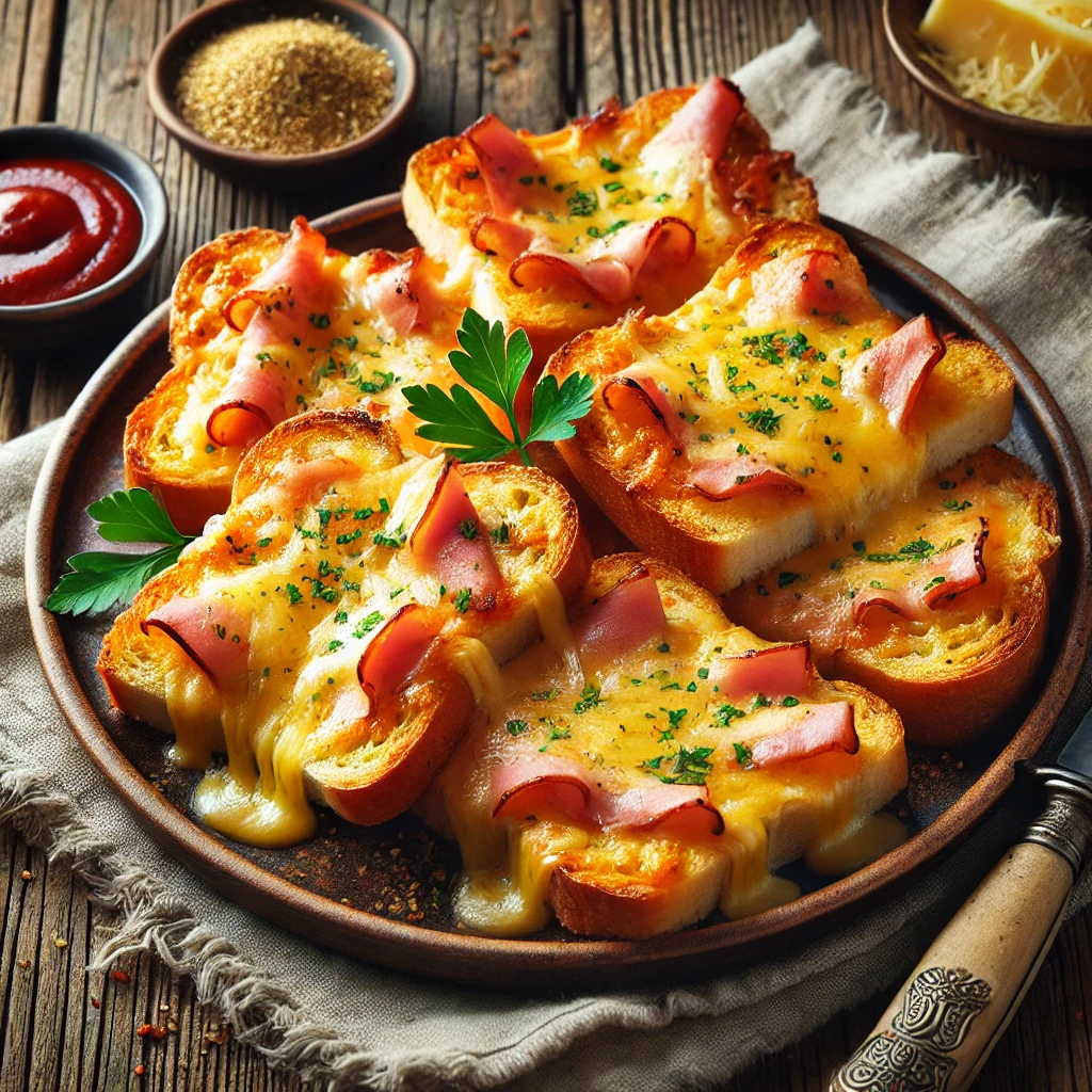 Knapperige Weense ham-kaas toastjes, gegratineerd tot een goudbruine korst met gesmolten kaas en fijngesneden ham op krokante stokbroodsneetjes. Een vleugje paprikapoeder en verse peterselie zorgen voor extra smaak en kleur. De toastjes worden geserveerd met een klein schaaltje Worcestershiresaus op een rustieke houten tafel, met een linnen servet en een vintage mes. Zachte natuurlijke verlichting benadrukt de knapperige textuur en de romige, gesmolten kaaslaag.