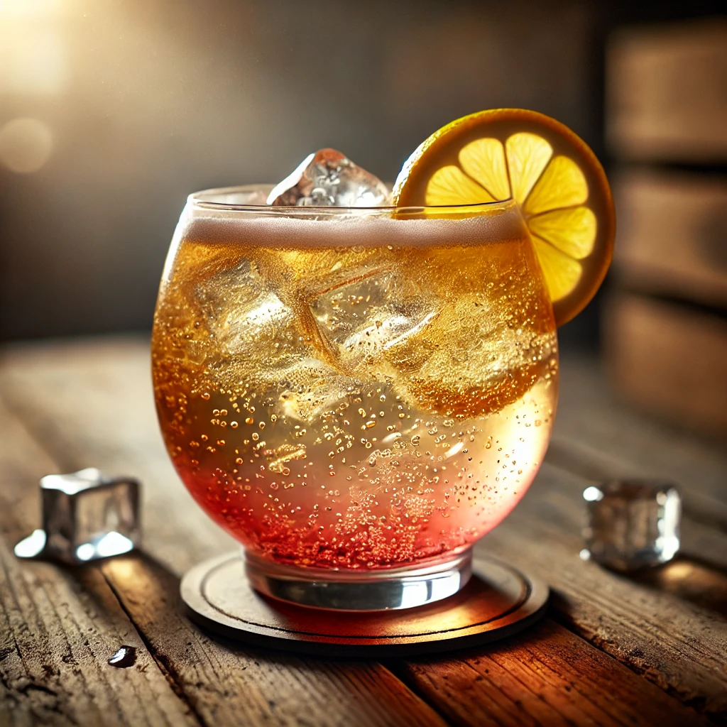 Verfrissende Weisse Rössl cocktail met licht bier en een vleugje grenadine, geserveerd met ijsblokjes en een schijfje citroen in een groot bol glas op een rustieke houten tafel.