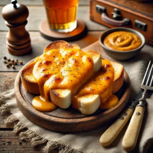 Een klassiek Welsh Rarebit gerecht met dikke sneetjes geroosterd wit casinobrood, royaal belegd met een romige, goudbruine gesmolten cheddarsaus op basis van pale ale en mosterd. De kaaslaag is licht gebubbeld en gekarameliseerd onder de grill. Het broodje is bestrooid met versgemalen zwarte peper en geserveerd op een rustiek houten bord. Op de tafel staan een pint pale ale, een linnen servet en vintage bestek, wat de warme en uitnodigende sfeer van het gerecht versterkt.