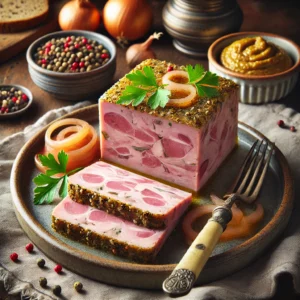 Plakken traditionele Brabantse varkenszult in aspic, koud geserveerd met ingelegde uitjes, mosterd en peterselie op een rustiek bord.
