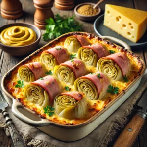 Een rustieke houten tafel met een romige witlofovenschotel met ham en mosterdkaas, gebakken tot een goudbruine korst in een keramische ovenschaal. De lagen witlof, ham en kaas zijn goed zichtbaar, overgoten met een rijke kaassaus. Ernaast liggen verse peterselie, een schaaltje mosterd en plakjes mosterdkaas.
