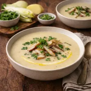 Twee kommen romige witlofsoep met plakjes gerookte paling en verse koriander, geserveerd op een rustieke houten tafel met ingrediënten als witlof, aardappel en kruiden op de achtergrond.