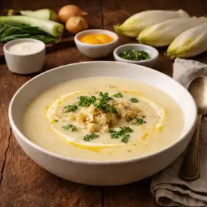 Een kom fluweelzachte witlofvelouté gegarneerd met gestoofd witlof, een swirl van room en eidooier, afgewerkt met verse kervel op een rustieke houten tafel, omringd door verse ingrediënten.