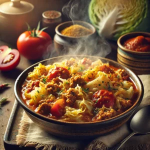 Stoofschotel van witte kool met gehakt, tomaten en ui in een kruidige kerriesaus, geserveerd in een kom op een houten tafel met dampend aroma.