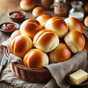 Goudbruine zachte melkbroodjes, vers gebakken en geserveerd in een mandje met boter en fruitjam op een rustieke houten tafel.