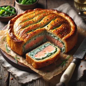 Een prachtig gebakken Zalm Wellington met een knapperige, goudbruine bladerdeegkorst, gevuld met een sappige zalmfilet en romige bieslookroomkaas. Een plak is doorgesneden om de zachte zalm en smeuïge kaasvulling te onthullen. Het gerecht is gegarneerd met verse bieslook en geserveerd met een bijgerecht van roergebakken groenten. Op de rustieke houten tafel liggen een linnen servet, een vintage mes en een glas witte wijn. Zachte natuurlijke verlichting benadrukt de warme kleuren en knapperige textuur van het bladerdeeg.