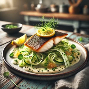 Perfect gebakken zeebaars met knapperige venkelsalsa en romige aioli, geserveerd met een citroenpartje en verse kruiden op een rustieke houten tafel.