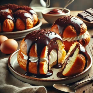 Grote zelfgemaakte Bossche Bollen met glanzende chocoladelaag en slagroomvulling, geserveerd op een bord op houten tafel, één doorgesneden om de binnenkant te tonen.