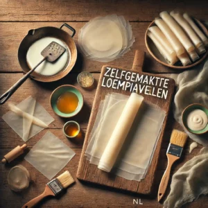Een rustieke oude houten tafel met een stapel zelfgemaakte loempiavellen, dun en licht doorschijnend. Op de voorgrond staat een klein koekenpannetje waarin een vel wordt gebakken, met daarnaast een kwastje, een kom beslag en een vochtige doek over gebakken vellen.