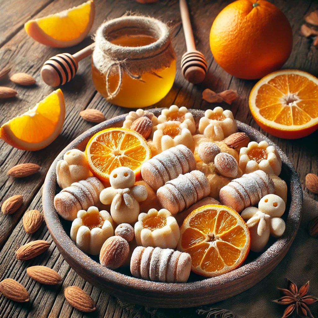 Een rustieke houten tafel met zelfgemaakte marsepein, verrijkt met verse sinaasappelschil, gevormd tot kleine rolletjes en decoratieve figuren, bestrooid met poedersuiker. Ernaast liggen verse sinaasappelschijfjes, een schaaltje amandelen en een druppeltje honing.