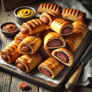 en versgebakken batch saucijzenbroodjes met een krokante, goudbruine bladerdeegkorst en een sappige, gekruide gehaktvulling. Eén broodje is doorgesneden, waardoor de hartige vleesvulling goed zichtbaar is. De broodjes liggen op een houten snijplank, met een klein schaaltje mosterd ernaast voor extra smaak. Een linnen servet en een vintage mes completeren de rustieke setting. Zachte natuurlijke verlichting benadrukt de warme tonen en texturen van het krokante deeg en de rijke vulling.