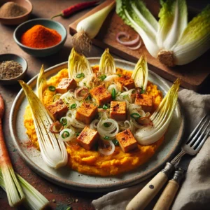 Een smeuïge stamppot van zoete aardappel met fijngesneden rauwe andijvie, geserveerd met knapperig gebakken tofu blokjes en licht gekruid met chilipoeder. De stamppot heeft een warme oranje tint en wordt afgemaakt met gekarameliseerde uien en een vleugje zwarte peper. Naast het bord liggen een vintage vork en mes, samen met een linnen servet op een rustieke houten tafel. Op de achtergrond staat een houten snijplank met verse andijvie, extra tofu blokjes en een schaaltje chilipoeder. De warme, natuurlijke belichting benadrukt de levendige kleuren en de smaakvolle texturen van dit winterse vegetarische gerecht.