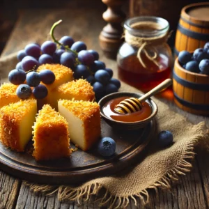Alt-tekst: Een rustieke houten tafel met een bordje zoete kaasplakken, bedekt met een krokant kokoslaagje, geserveerd met een gember-portsaus en blauwe druiven. De kaasplakken zijn goudbruin en elegant gegarneerd, met de saus eroverheen en druiven aan de zijkant, wat een gezellige sfeer oproept.