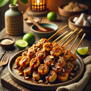 Een rustieke houten tafel met satéstokjes van gegrilde banaan, geglazuurd met een zoete ketjapsaus. De banaan is licht gekaramelliseerd en glanzend, gegarneerd met gehakte pinda’s en een royale drizzle satésaus. Geserveerd op een keramisch bord met partjes limoen en een strooisel van kokosrasp. De achtergrond toont een warme, tropische keuken.