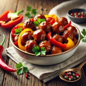 Haarscherpe afbeelding van goudbruine gehaktballetjes in een glanzende zoet-pittige saus, gemengd met rode en gele paprikareepjes en afgewerkt met verse peterselie. Geserveerd in een wit keramisch kommetje op een rustieke houten tafel.