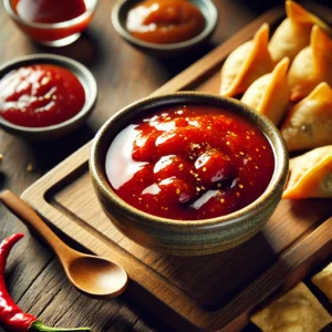 Indonesische dipsaus voor pangsit met tomatenpuree, sambal en djahé – een glanzende, pittige zoetzure saus, perfect als zelfgemaakte loempiasaus of als zoetzure saus met sambal bij Aziatische snacks.