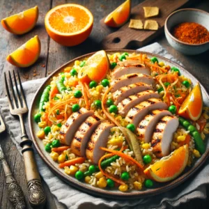 Een kleurrijke zomerse rijstschotel met luchtige gele rijst, gemengd met maïs, worteltjes en doperwten. Sappige gegrilde kalkoenfilet, gemarineerd in een Mexicaanse citruskruidenmix, ligt er mooi bovenop. Vers gesneden sinaasappelpartjes en geraspte sinaasappelschil geven een frisse touch. Krokante tortillachips worden erbij geserveerd voor extra crunch. Op de achtergrond liggen verse sinaasappels, extra kalkoenfilets en een kommetje Mexicaanse kruidenmix op een houten snijplank. De warme, natuurlijke belichting benadrukt de zomerse kleuren en uitnodigende texturen van dit smaakvolle gerecht.
