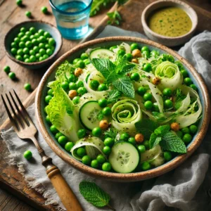 Een rustieke zomersalade van heldergroene doperwten, dunne komkommerreepjes en krulandijvie, gegarneerd met verse muntblaadjes, geserveerd in een keramische kom op een houten tafel. Naast de salade staat een klein schaaltje met extra romige mosterd-munt dressing. Een linnen servet en een vintage vork completeren de sfeervolle setting.