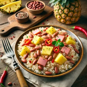 Een tropische rijstschotel met romige kokosrijst, kidneybonen, sappige ananas en reepjes ham, kleurrijk afgemaakt met rode paprika en chili. Het gerecht is gegarneerd met verse oregano en geserveerd op een rustieke houten tafel. In de achtergrond liggen verse ananasschijven, een schaaltje kidneybonen en extra hamreepjes op een houten snijplank. De warme, natuurlijke belichting benadrukt de exotische smaken en rijke texturen van dit zonnige gerecht.