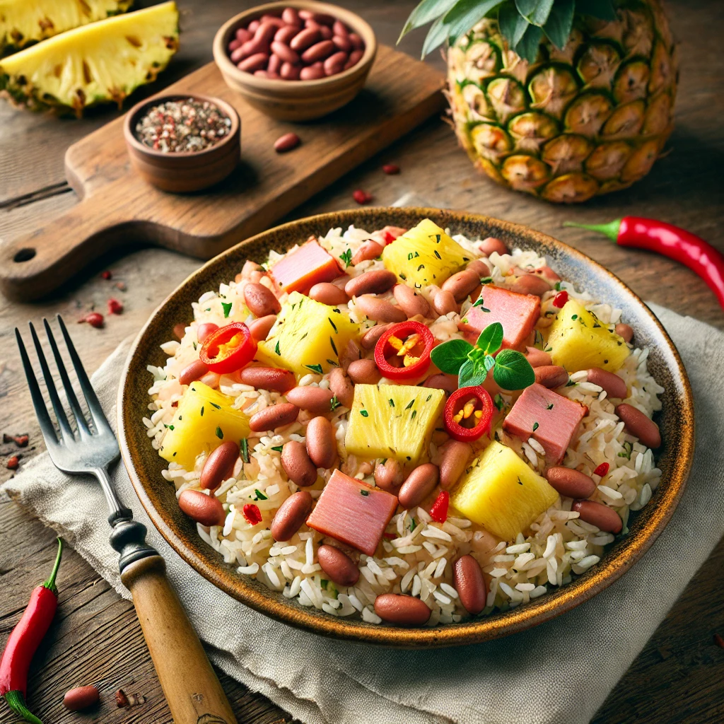 Een tropische rijstschotel met romige kokosrijst, kidneybonen, sappige ananas en reepjes ham, kleurrijk afgemaakt met rode paprika en chili. Het gerecht is gegarneerd met verse oregano en geserveerd op een rustieke houten tafel. In de achtergrond liggen verse ananasschijven, een schaaltje kidneybonen en extra hamreepjes op een houten snijplank. De warme, natuurlijke belichting benadrukt de exotische smaken en rijke texturen van dit zonnige gerecht.