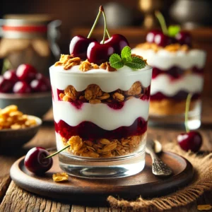 Een rustieke houten tafel met een glas yoghurttrifle in laagjes, gevuld met zwarte kersen, romige yoghurt en knapperige cruesli. De trifle is gegarneerd met hele kersen en verse muntblaadjes. De lagen tonen duidelijk het contrast tussen de diep rode kersen, witte yoghurt en goudbruine cruesli. De achtergrond toont een gezellige ontbijtsfeer met warme verlichting.