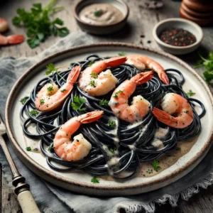 Een elegant bord zwarte inktvispasta met sappige roze garnalen, overgoten met een romige kervelsaus. De spaghetti is mooi gedraaid, terwijl hele garnalen en verse kervel voor een verfijnde garnering zorgen. Op de rustieke houten tafel liggen een linnen servet, een vintage vork en een klein schaaltje extra saus. Zachte natuurlijke verlichting benadrukt de diepe kleur van de pasta en het contrast met de lichte saus en garnalen.