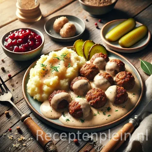 Kleine Zweedse gehaktballetjes in romige jus, geserveerd met aardappelpuree, veenbessensaus en ingelegde komkommer op een rustieke houten tafel.