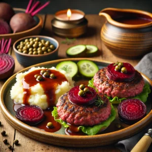 Zweedse bietenburgers van rundergehakt met rode biet en kappertjes, geserveerd met sojasausjus – een klassiek Biff à la Lindström gerecht, perfect Zweeds vleesrecept met aardappelpuree en frisse dillesalade.