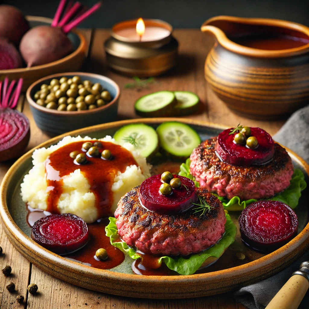 Zweedse bietenburgers van rundergehakt met rode biet en kappertjes, geserveerd met sojasausjus – een klassiek Biff à la Lindström gerecht, perfect Zweeds vleesrecept met aardappelpuree en frisse dillesalade.