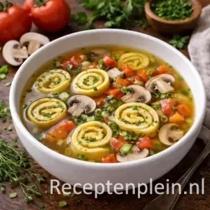 Een bord met heldere goudbruine Bouillon met omeletrolletjes, versierd met plakjes champignon, blokjes tomaat en ringetjes lente-ui.