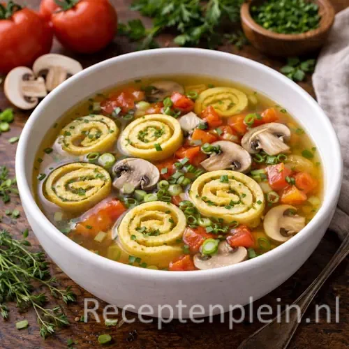 Een bord met heldere goudbruine Bouillon met omeletrolletjes, versierd met plakjes champignon, blokjes tomaat en ringetjes lente-ui.