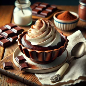Een romige kom zelfgemaakte chocoladevla, geserveerd met een toef verse slagroom en een lichte bestuiving van cacaopoeder. De diepe, fluweelzachte chocoladetinten contrasteren prachtig met de luchtige witte slagroom. Naast de kom ligt een vintage lepel en een linnen servet op een rustieke houten tafel. Op de achtergrond zijn een reep pure chocolade, een schaaltje cacaopoeder en een potje verse room te zien. De warme, natuurlijke belichting benadrukt de rijke smaken en texturen van dit dessert.