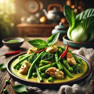 Romige Thaise groene curry met malse kip, sperziebonen en paksoi, geserveerd met verse basilicum en rode pepers op een rustieke houten tafel.