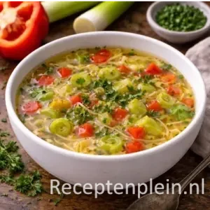 Een dampende kom heldere Paprika-preisoep met zichtbare blokjes rode paprika, smalle preiringetjes en fijne vermicelli.
