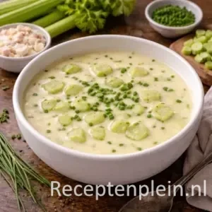 Twee borden met dampende romige Kaasbouillon met bleekselderij, bestrooid met fijngeknipte bieslook.