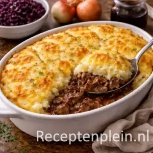 Een goudbruin gegratineerde ovenschaal met Hachee van zuurvlees, afgedekt met een laag romige aardappelpuree en gesmolten kaas.